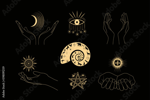 A set of esoteric elements.Tattoo alchemy and spiritual, witchcraft magician and occult.