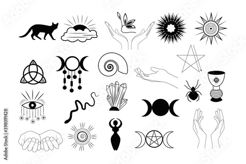 A set of esoteric elements.Tattoo alchemy and spiritual, witchcraft magician and occult. photo