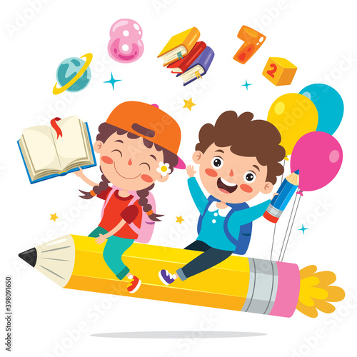 Funny Kid Flying On Colorful Pencil