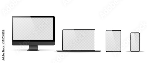 Set of realistic monitor, laptop, tablet, phone on a white background. iPhone, iMac, MacBook, iPad vector eps10