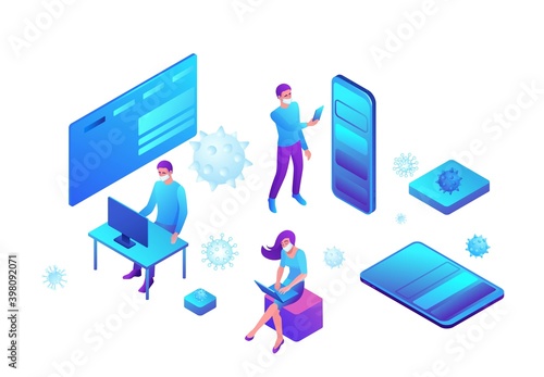 People apply for a test, Covid-19 lab,  Coronavirus medical research, patient in face mask, getting tested in the laboratory, isometric vector illustration isolated on white background