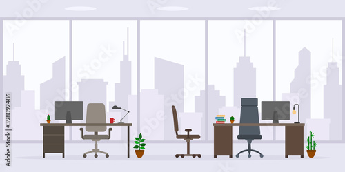 Design of empty office work place front view vector illustration. Flat style table, desk, chair, computer, desktop, big window isolated on cityscape background