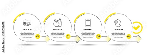 Swipe up, Apple and 5g internet line icons set. Timeline process infograph. Freezing water sign. Scrolling screen, Diet food, Wifi connection. Freeze temperature. Business set. Vector