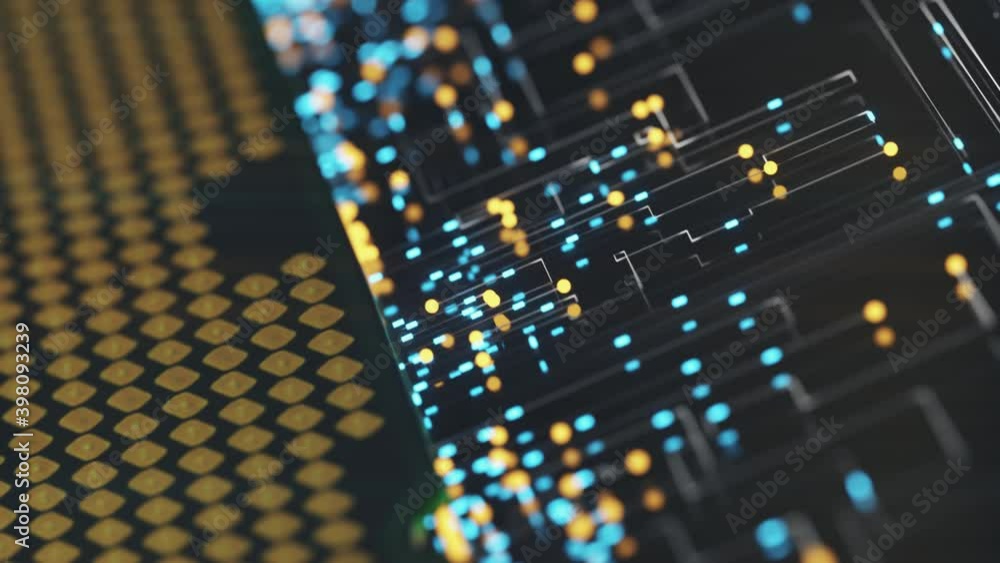 A computer processor with millions of connections and signals. Technology cpu background. Pulses and signals from the chip propagate through the motherboard. 3d animation