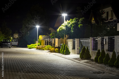 safety night street in residential area  modern street lights