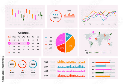 Business infographic elements. User interface dashboard charts diagrams statistic. Technology web design, vector illustration