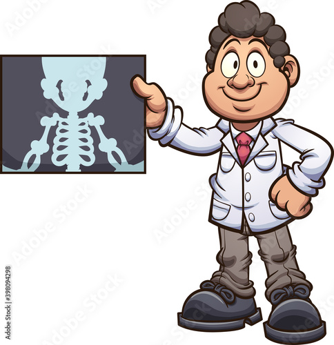 Cartoon radiologist doctor holding an x-ray. Vector clip art illustration with simple gradients. Some elements on separate layers. 
