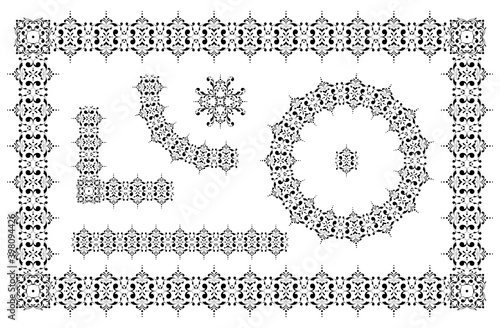 Exquisite ornament. Set of seamless elements, frames, round frames and borders. Design template for congratulations, festive and wedding invitations. Beautiful elements greeting card. Isolated. Vector