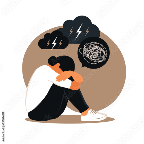 Woman in depression with bewildered thoughts in her mind. Young sad girl sitting in window and hugging her knees. Flat style