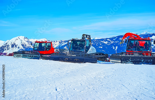 The modern groomers on Zwieselalm mountain, Gosau, Austria photo