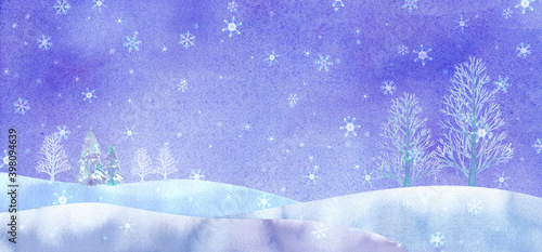 幻想的な冬の平原イメージ。静かな夜。水彩イラスト。