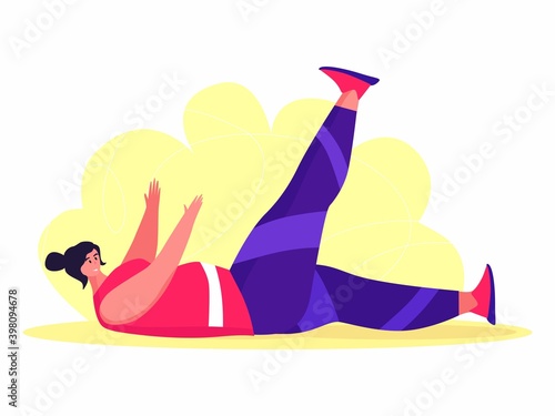 A young obese woman doing exercise. A girl working in sweat to get rid of belly fat. Obesity.