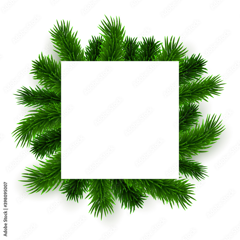 Square Christmas blank banner decorated with green fir tree branches, vector illustration