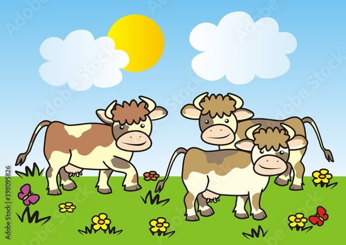 Herd of cows on pasture, funny vector illustration