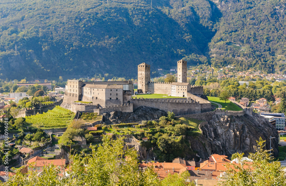 View of Castelgrande from Montebello Castle of Bellinzona, Ticino, Switzerland