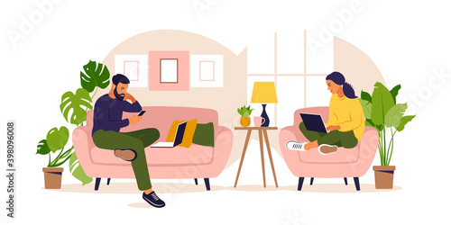 Women and man sitting in a sofa and working online at home. Freelance, online education or social media concept. Vector illustration isolated on white. Flat style.