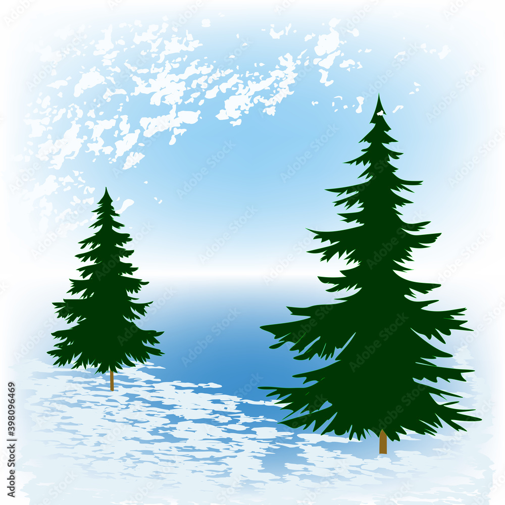 Winter landscape, fir trees, snow, clouds in grunge style - bright day - vector.