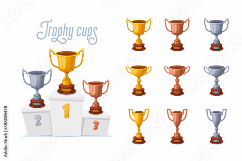 Trophy cups on a podium. Gold, silver, and bronze winner prize cups set with different shapes - 1st, 2nd, and 3rd place trophies on a white pedestal. Cartoon style vector illustration