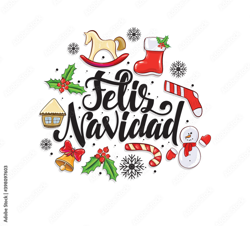 Merry Christmas 2021 vector illustration. hand-written lettering. Feliz navidad design graphics for brochures, gift cards, flyers and postcards. translated from Spanish: Merry Christmas