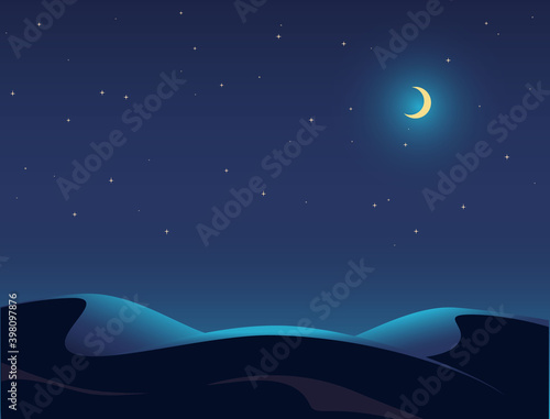 Night Desert Landscape Illustration, Starry Sky, Moon, Dune