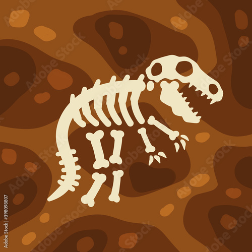 Dinosaur skeleton. Bones of a prehistoric lizard. Archeology and excavations. Cartoon dino illustration. Layers of earth and soil.