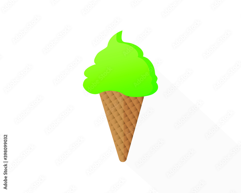 Lime Ice cream on brown waffle cone in white background