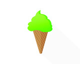 Lime Ice cream on brown waffle cone in white background