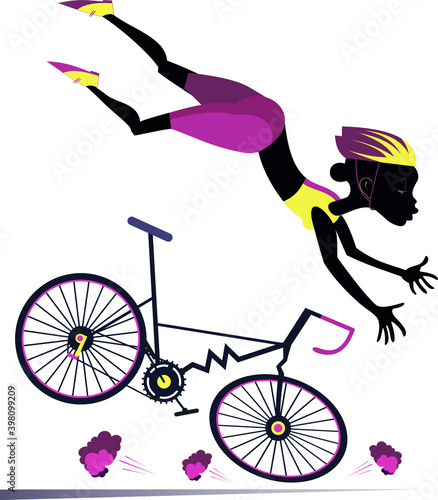 Young African woman falling down from the bicycle illustration. Cyclist African woman falling down from the bicycle isolated on white
