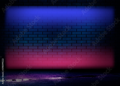 Dark brick wall  blue neon light. Rays and glare of light in the dark. Night view of a dark street  abstract projection on an empty wall.