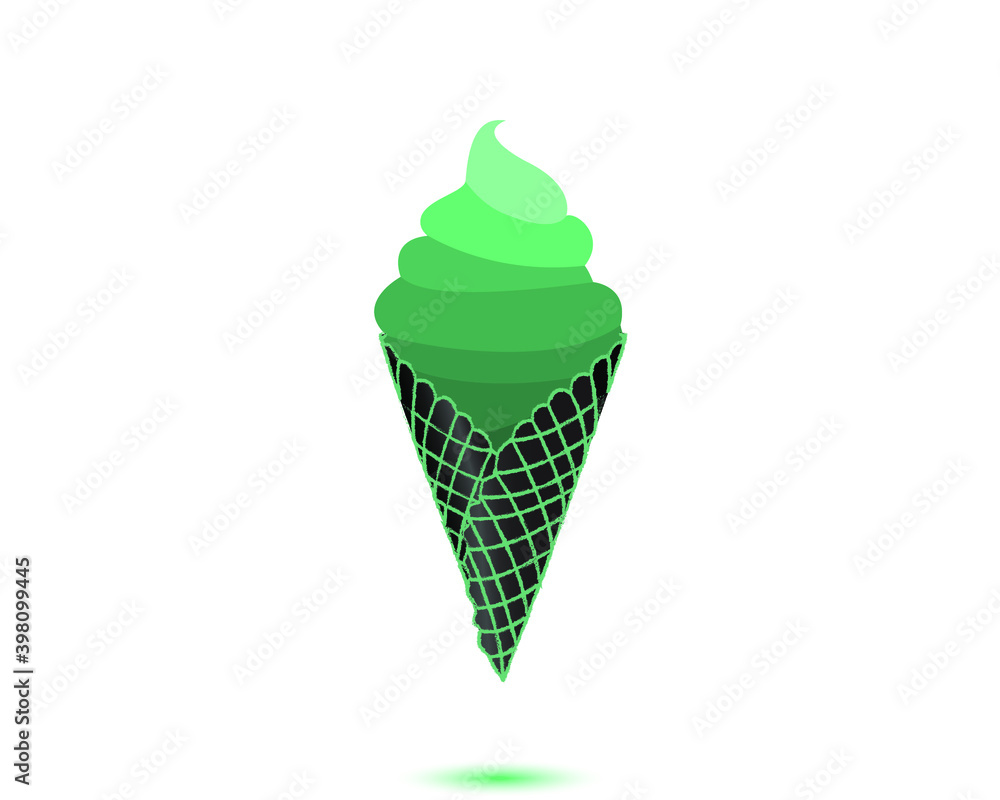 Green tea ice cream with different green layers in black with greeen trim waffle cone with soft green drop shadow in white background Green tea ice cream with different green layers in black with greeen trim waffle cone with soft green drop shadow in white background