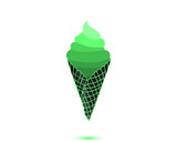 Green tea ice cream with different green layers in black with greeen trim waffle cone with soft green drop shadow in white background