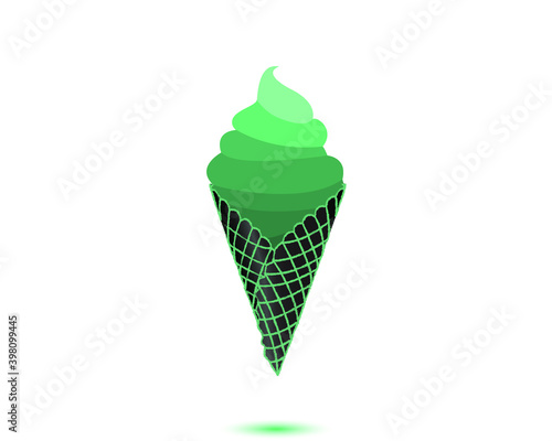 Green tea ice cream with different green layers in black with greeen trim waffle cone with soft green drop shadow in white background