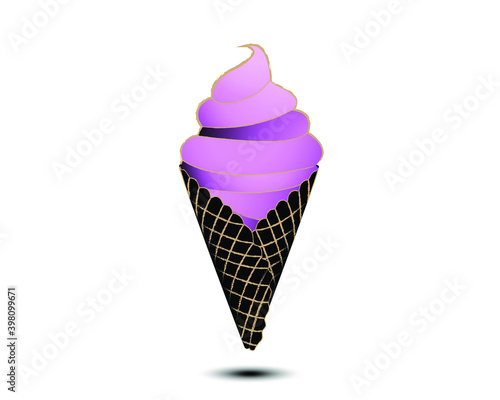 Ice cream pink Strawberries in charcoal waffle cone with gold trim with drop shadow in white background
