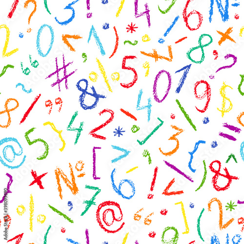 Crayon number pattern. Hand drawn wax crayons art on white background. Isolated chalk style  numbers and signs print. Children drawing style color number collection. Bright colorful crayon symbols.

