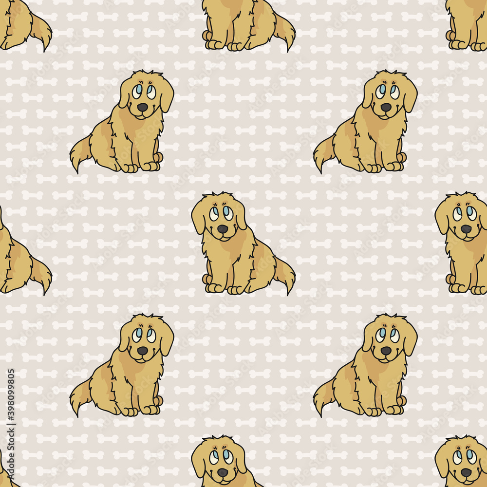 Hand drawn cute golden retriever breed puppy seamless vector pattern.  Purebred pedigree puppy domestic dog on paw background. Dog lover toy  spaniel pet all over print. Kennel pooch. EPS 10. Stock Vector