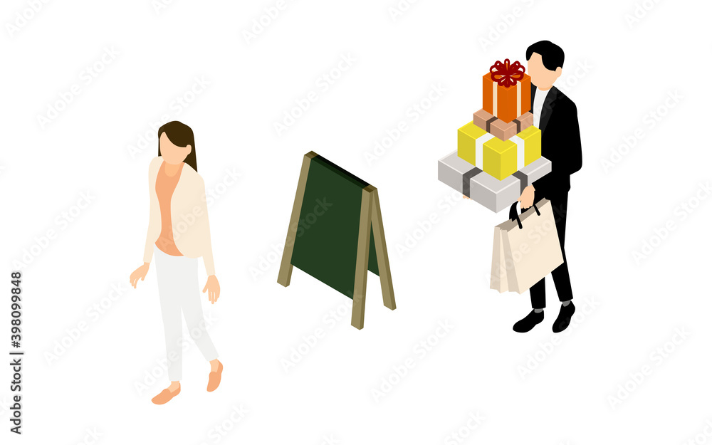 Φωτογραφία アイソメトリック、お店に入っていく女性とプレゼントを抱えてついていく男性