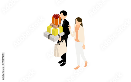 アイソメトリック、プレゼントを抱えて歩く男性と女性