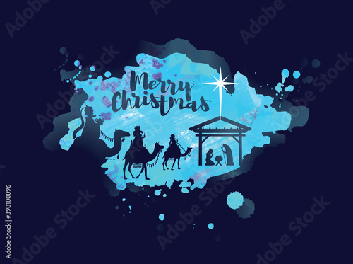 vector illustration Birth of Christ, baby Jesus reaching the Magi bear gifts, three wise kings and star of bethlehem, nativity christmas graphics design elements