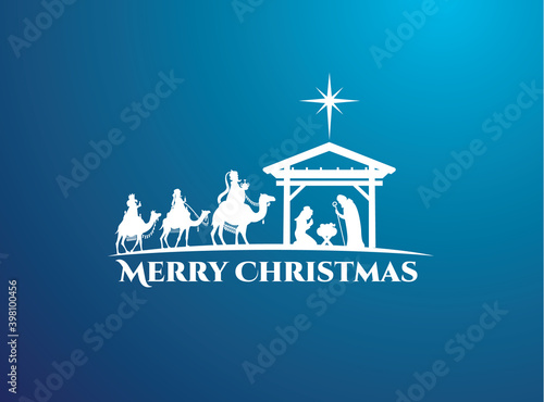 vector illustration Birth of Christ, baby Jesus reaching the Magi bear gifts, three wise kings and star of bethlehem, nativity christmas graphics design elements