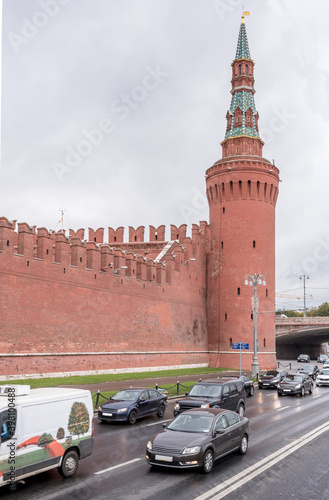 Photography Along the Kremlin wall moving stream of cars
