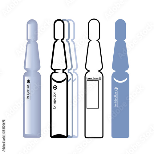 set of medical ampoules for injection and vaccination, color vector illustration isolated on a white background in clip art design, silhouette and outline