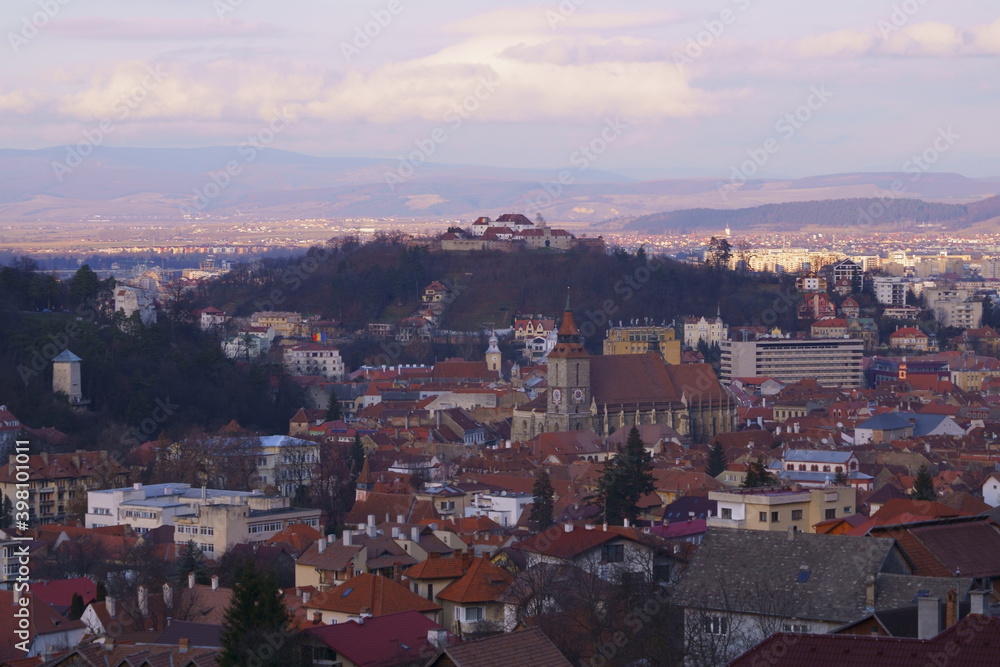Black Church and the panorama of Brasov in the twilight light,  Transylvania, Romania	