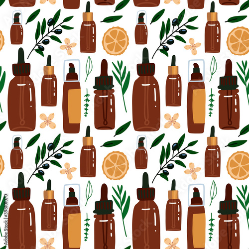 Seamless pattern in flat style with cosmetics packaging and plant element - orange, olive brances, flowers and herbal. Flat vector illustration.