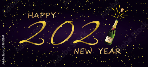Golden Happy 2021 New Year,golden confetti,champagne on a dark background.Holiday vector illustration.Graphic element for banner,greeting cards,invitation,poster or website. 