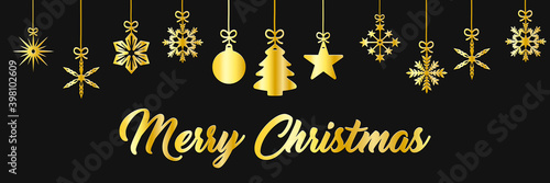 Illustation of a Christmas greeting card with a Christmas ornaments in gold on a black background