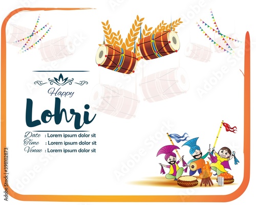 Vector illustration of Happy Lohri banner, celebrating people with drum, bonfire and sweets, Indian Punjabi festival, paper cut concept background.