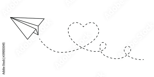 Line airplane dotted rout path. Romantic heart dashed trace paper plane flight route. Vector illustration