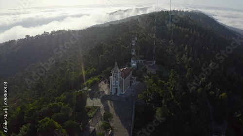 Igreja de Santa Justa - Church Of Santa Justa In The Mountains At Sunrise In Valongo, Portugal. - aerial arc shot