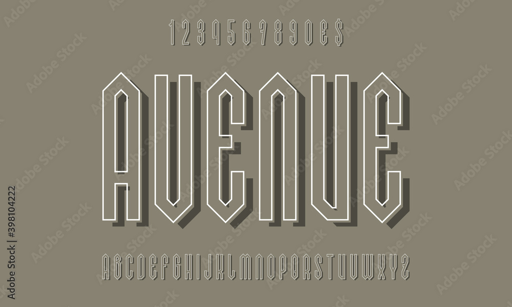 Avenue alphabet and numbers with white outline and gray shadow. Urban display font. Vector isolated english alphabet. Avenue alphabet and numbers with white outline and gray shadow. Urban display font. Vector isolated english alphabet.