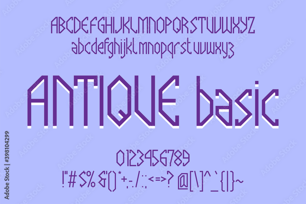 Antique Basic Latin display font. Craft typeface with uppercase and lowercase letters, numbers and punctuation in style of ancient runes.